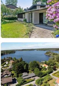 deux photos d'une maison et d'un lac dans l'établissement A wonderful house in the lake., à Stockholm