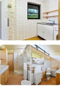 Duas fotografias de uma casa de banho com um lavatório e um WC. em A wonderful house in the lake. em Estocolmo