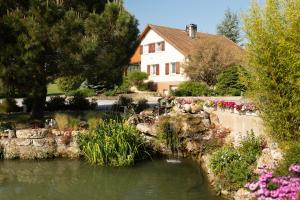 a house and a pond in front of a house at Chambre d'Hôte Les Ondines in Vinay