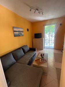 ein Wohnzimmer mit einem Sofa und einem Tisch in der Unterkunft Haus mit Garten Rtina Miocic in Rtina