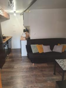 un salon avec un canapé noir et une cuisine dans l'établissement Charmant petit studio proche départ GR20, à Calenzana