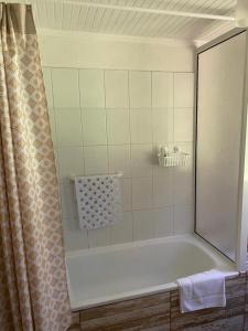 y baño con bañera y cortina de ducha. en Casa Amatista Travels en Vicuña