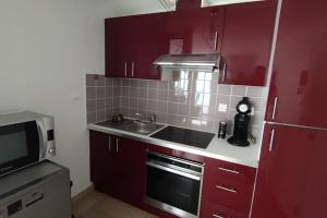 eine Küche mit roten Schränken, einer Spüle und einer Mikrowelle in der Unterkunft Maison de ville 600 m du Marché in La Rochelle