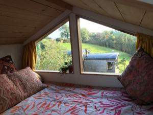 1 dormitorio con cama y ventana grande en Tree house and shepherds hut, en Ashburton
