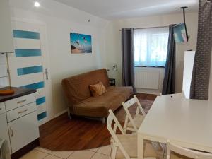 a living room with a couch and a table at Apartamenty i Domki Osińscy in Braniewo