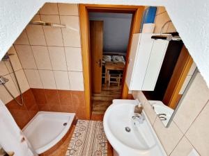 W łazience znajduje się umywalka, toaleta i lustro. w obiekcie House Ana w mieście Jeziora Plitwickie