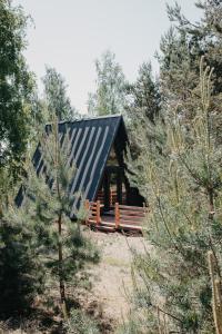eine Hütte mit schwarzem Dach im Wald in der Unterkunft MiLight in Aucugals