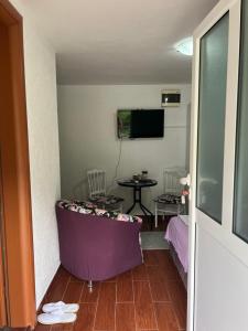 Habitación con sofá, mesa y TV. en Apartman Tristan, en Herceg-Novi