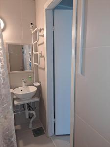 a bathroom with a sink and a mirror and a shower at Kullerkupu Hostel in Kuressaare