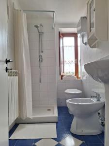 ein Bad mit einem WC, einem Waschbecken und einer Dusche in der Unterkunft Casa Vacanze La Barca in Fiattone