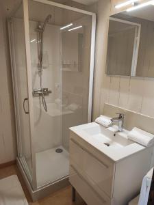 y baño con ducha y lavabo blanco. en la madeleine en Saint-Benoît-sur-Loire