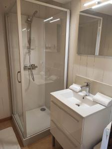 y baño con ducha y lavabo blanco. en la madeleine, en Saint-Benoît-sur-Loire