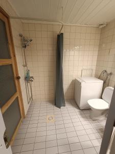 uma casa de banho com um WC e um chuveiro em Ylläs Nilimaja em Ylläsjärvi
