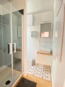 een badkamer met een douche en een wastafel bij Tiny-Haus Straußenblick 1 in Bad Fallingbostel