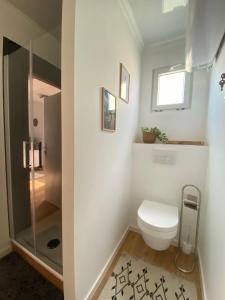 een badkamer met een toilet en een glazen douche bij Tiny-Haus Straußenblick 1 in Bad Fallingbostel