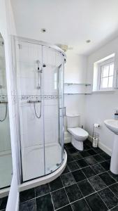 een badkamer met een douche, een toilet en een wastafel bij 26 Woodgrove Drive in Inverness
