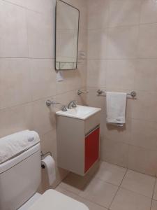 uma casa de banho com um WC, um lavatório e um espelho. em Hermoso departamento céntrico! em San Miguel de Tucumán