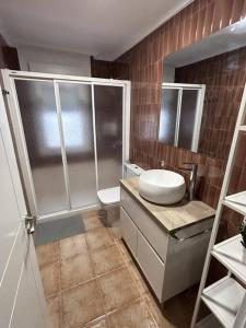 een badkamer met een douche, een wastafel en een toilet bij La posada de Don Pelayo in Noreña