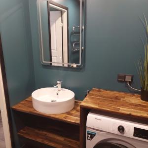 a bathroom with a sink and a mirror and a washing machine at TT majutus in Tapa