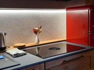 a kitchen counter with a vase with a flower in it at MaisonGorret in Valtournenche