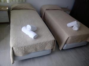Nea Cryssi Akti的住宿－Meltemi 1，客房内的两张床和毛巾