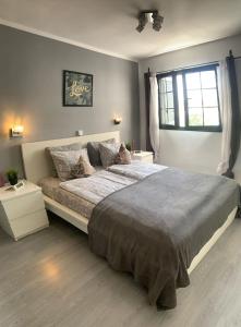Un dormitorio con una cama grande y una ventana en Apartamentos Albatros, en Puerto del Carmen