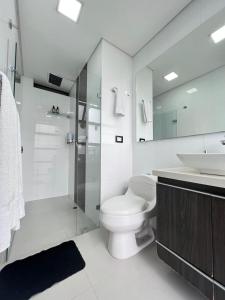 a bathroom with a toilet and a sink and a shower at Large Apartment High Views and Balcony in Medellín