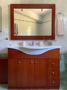 a bathroom with a sink and a mirror at Round Family Villa near Ancient Olympia & the Sea in Káto Samikón