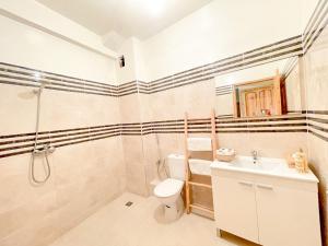 La salle de bains est pourvue de toilettes, d'un lavabo et d'une douche. dans l'établissement Monkey's Guest House - Appartement roof top terrasse privée vue sur mer, à Tamraght Ouzdar