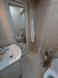 ein Badezimmer mit einem Waschbecken, einem WC und einem Spiegel in der Unterkunft Апартамент Божур in Warna