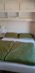 ein Bett mit zwei grünen Kissen in einem Zimmer in der Unterkunft Stacaravan aan het water in Earnewâld