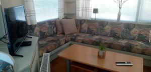 salon z kanapą i stolikiem kawowym w obiekcie Stacaravan aan het water w mieście Earnewâld