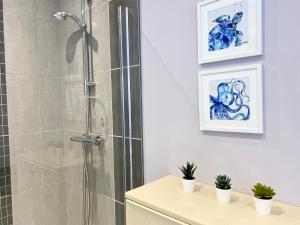 a shower stall in a bathroom with two potted plants at 3 Queen Alexandra Road in North Shields