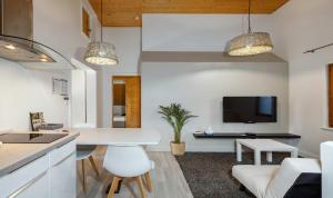 a kitchen and living room with a couch and a tv at Appartement Le Cèdre Rouge - Maya Village in Pougny