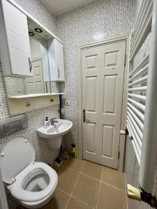 een kleine badkamer met een toilet en een wastafel bij 1+1 İstiklal caddesine 100 metre in Istanbul
