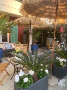un patio al aire libre con plantas y sombrilla en Hôtel La Villa des Oliviers, en Cagnes-sur-Mer