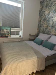 a bedroom with a large bed with a window at Apartament Elle in Malbork