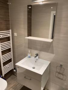 Un baño con un lavabo blanco y un espejo. en Villa Petra Selce, en Selce 41 fotos más