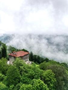 DUDİ KONAK HOTEL في ريزي: مبنى على جانب تل به اشجار