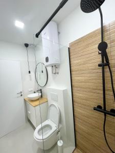 a bathroom with a toilet and a shower with a mirror at Modern studio overlooking downtown in Makarska