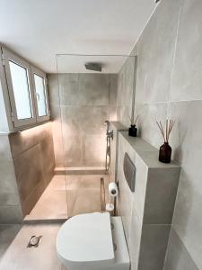 a bathroom with a toilet and a shower at Porto Pireo Penthouse Sea View in Piraeus