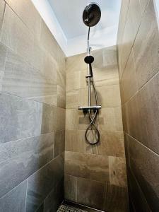 La salle de bains est pourvue d'une douche avec un pommeau de douche. dans l'établissement La Villa Vaihéré en Camargue, l'Hibiscus et le Magnolia, à Saintes-Maries-de-la-Mer
