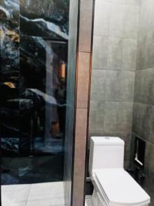 La salle de bains est pourvue d'une douche et de toilettes. dans l'établissement Cozy 1 BR in the heart of Astana, à Astana