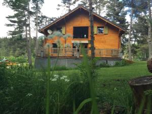 a log cabin in the woods with a porch at Chalet le Brame en Cevennes in Camprieu