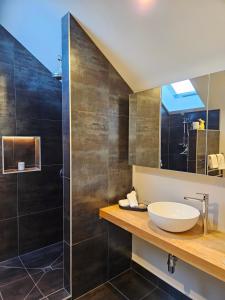 a bathroom with a sink and a shower at Templeton's Stone stay in Twizel
