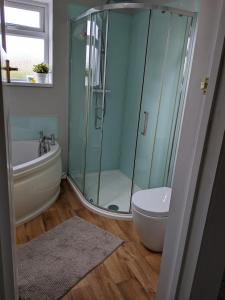 a bathroom with a shower and a tub and a toilet at The British Scooterist in Bristol
