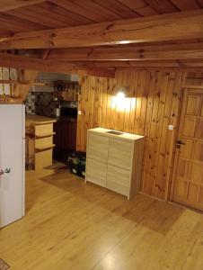 a kitchen with wooden walls and wooden floors at Domek letniskowy U Cisków in Mściszewice