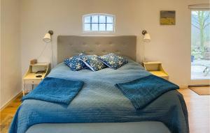 锡姆里斯港5 Bedroom Awesome Home In Simrishamn的卧室里有一张床，床单和枕头都是蓝色的