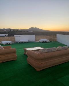 two brown couches sitting on top of a green floor at Villa Verano Apartamentos Compartidos Villaverde in La Oliva