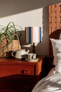 Driftwood Rest Binalong Bay Sleeps 4 في Binalong Bay: طاولة بجانب السرير مع مصباح والنباتات عليه
